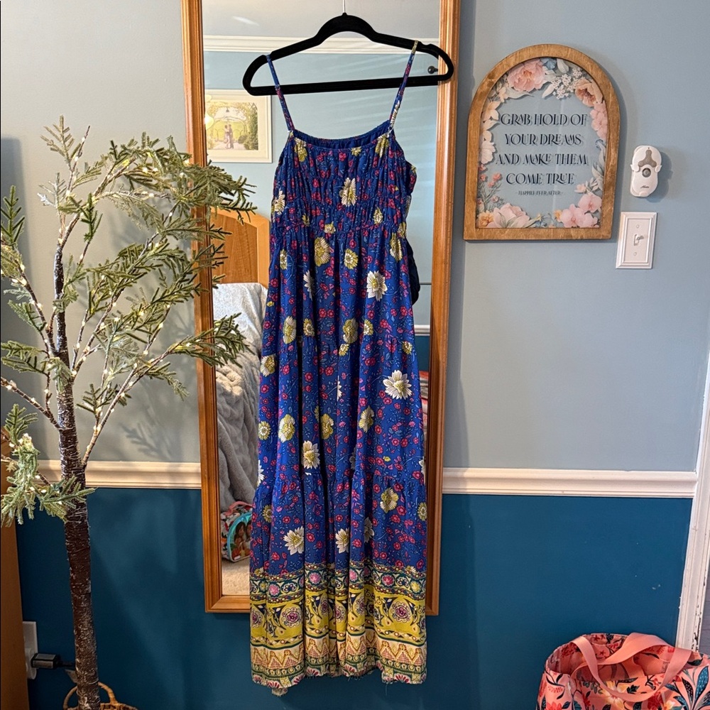 Blue Floral Maxi Dress with Yellow Border - Picture 6 of 6